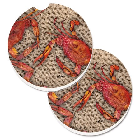 Carolines Treasures Cooked Crabs on Faux Burlap Set of 2 Cup Holder Car Coaster 8742CARC
